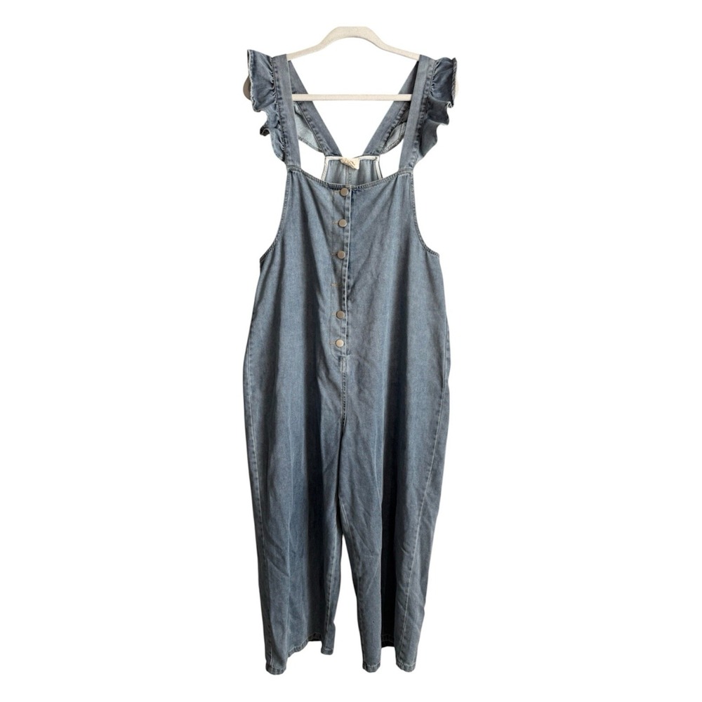 Bibi Denim Jumpsuit Overalls Ruffle Strap Wide Leg Button Up Cottagecore Boho XL